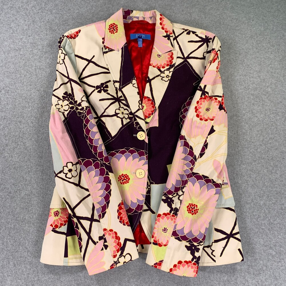 Escada Sport Blazer Jacket Japanese Floral Print Cotton Red Lining Size 38 - Picture 5 of 11